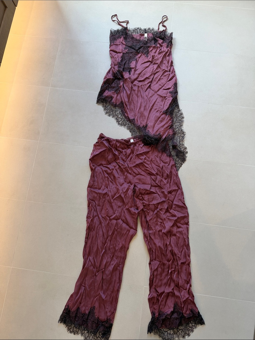 Anthropologie LyreBird Women’s Burgundy Lace-Trim Satin Pajama Set